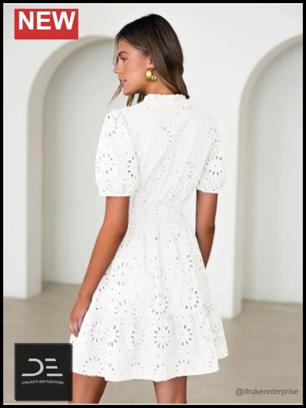 Women's Eyelet Lace Mini Dress with Pockets V Neck Puff Sleeve Boho
